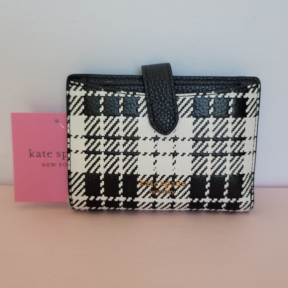KATE SPADE Hudson SMALL Posh Plaid Embossed Pebbled Leather Bifold Wallet-Black⭐ - Picture 3 of 15